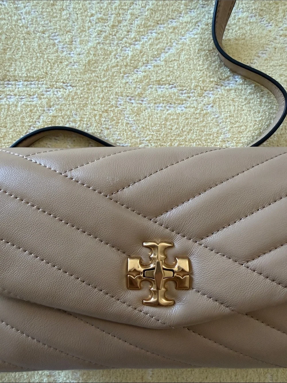 Tory Burch Quilted Crossbody in Light Tan with Gold Hardware